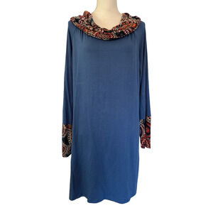 J Mode USA Cowl Neck Jersey Shift Short Dress Size 2XL Blue Artsy Lagenlook NWT